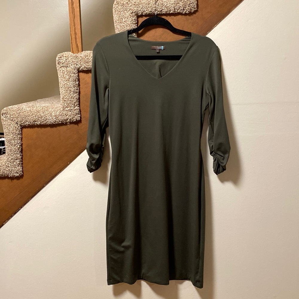 Olive Micro Nylon dress with bunched sleeves